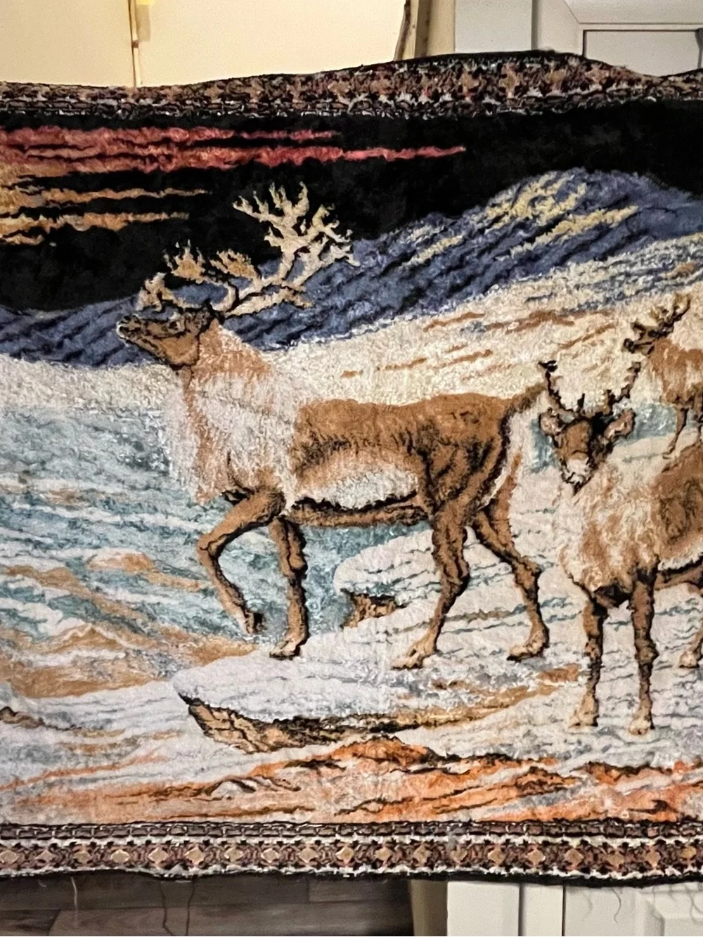 Vintage Velvet Tapestry Wall Hanging Carpet reindeer Deer Wildlife sunset